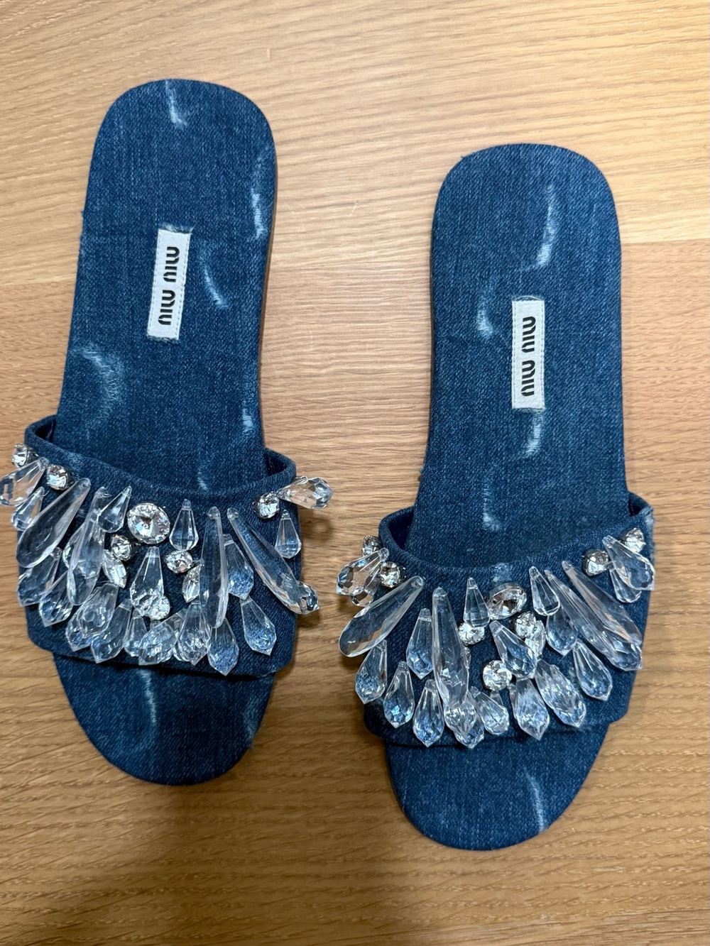 Miu Miu Blue Denim Crystal-Embellished Slide Mules
